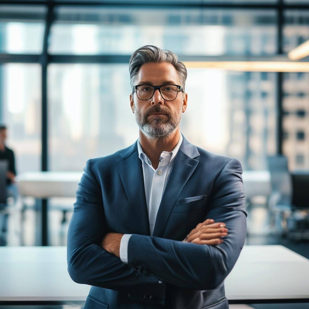 Older adult in a suit working in an office