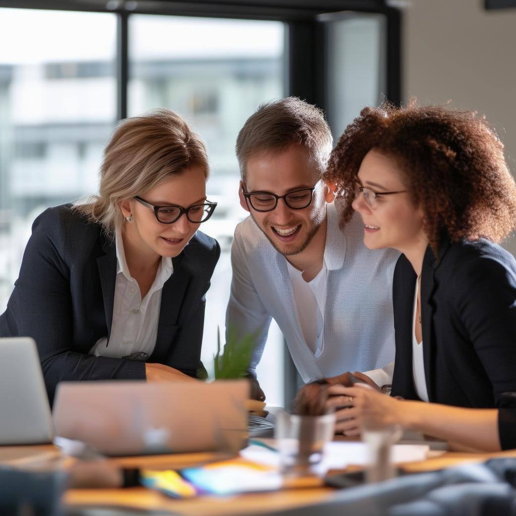 Three people gathered around collaborating and working together