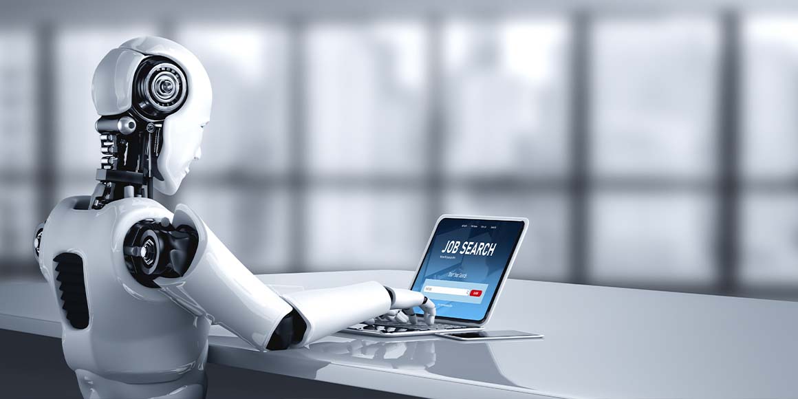 AI robot searching for a job on a laptop representing the role of AI, automation and advanced robotics in the future of work