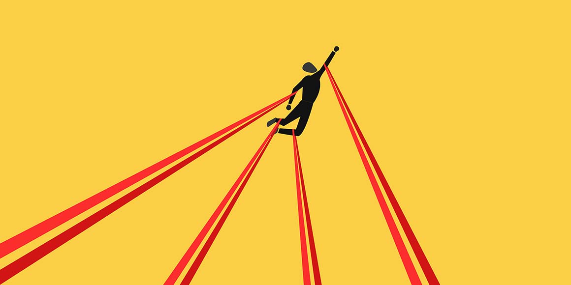 Businessman being pulled down by red tape, illustrating red tape harming a student’s career readiness and impacting the future of work. 