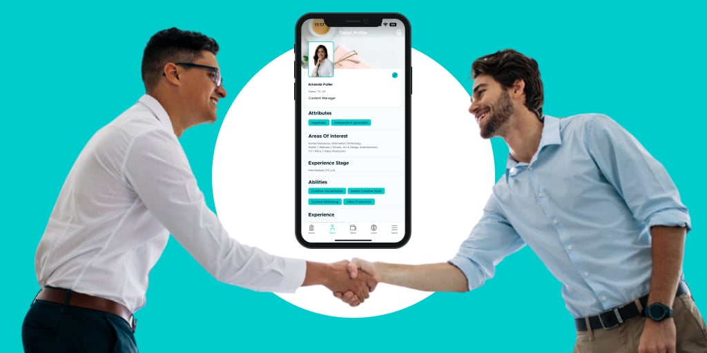 Two people shaking hands with a large superimposed phone nehind them with a pepelwerk information screen in the background.