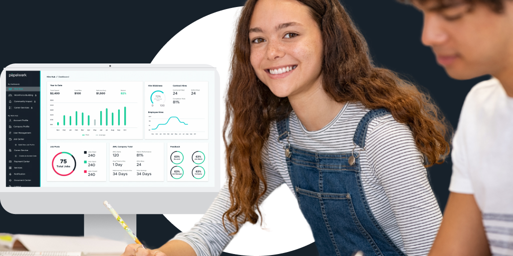 A teacher working with a student on a computer, with non-descript information displayed in the background