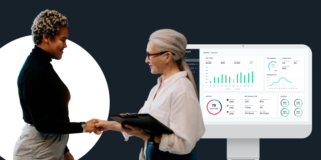 An professional shaking hands with another professional with non-descript data and info on a screen in the background