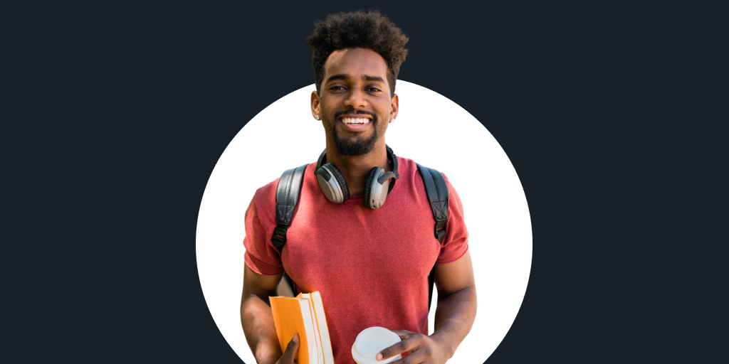 Student wearing headphones, carrying a book and backpack