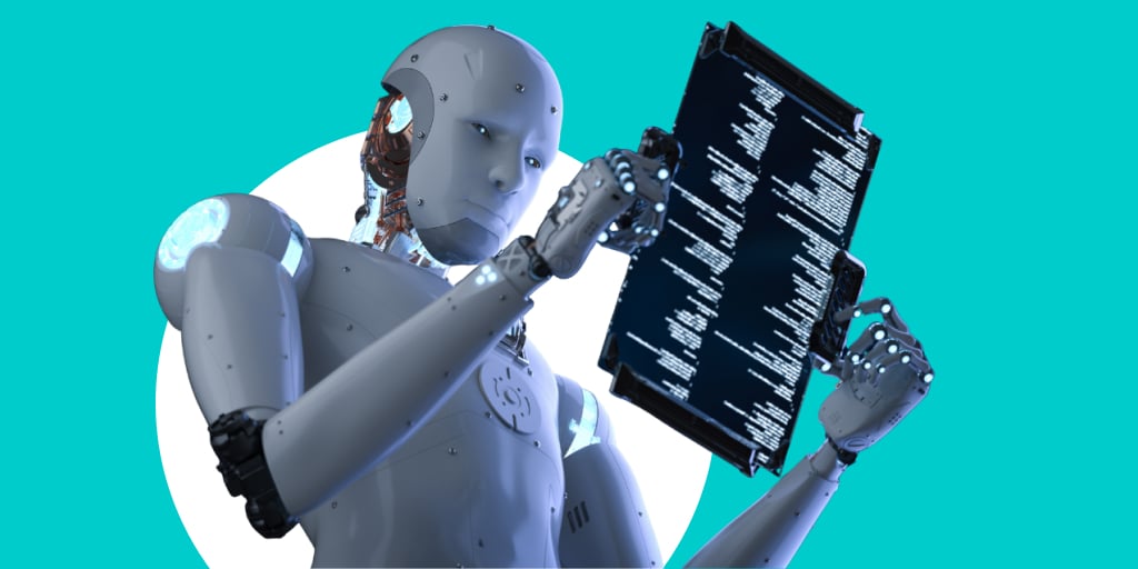 A robot holding a virtual screen in front of it and reading