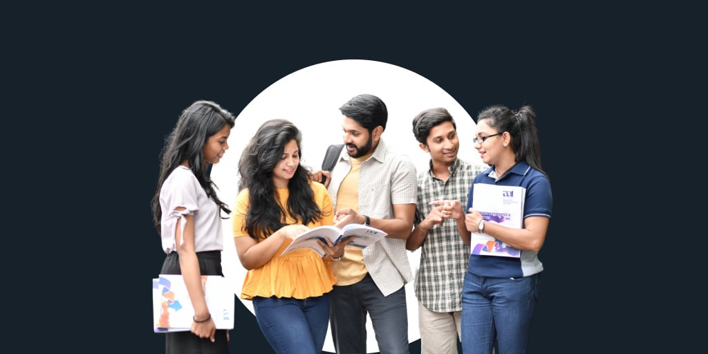 A group of students talking with each other wearing backpacks and notebooks