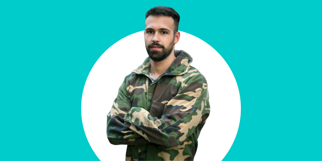 Military soldier standing with arms crossed in camoflauge