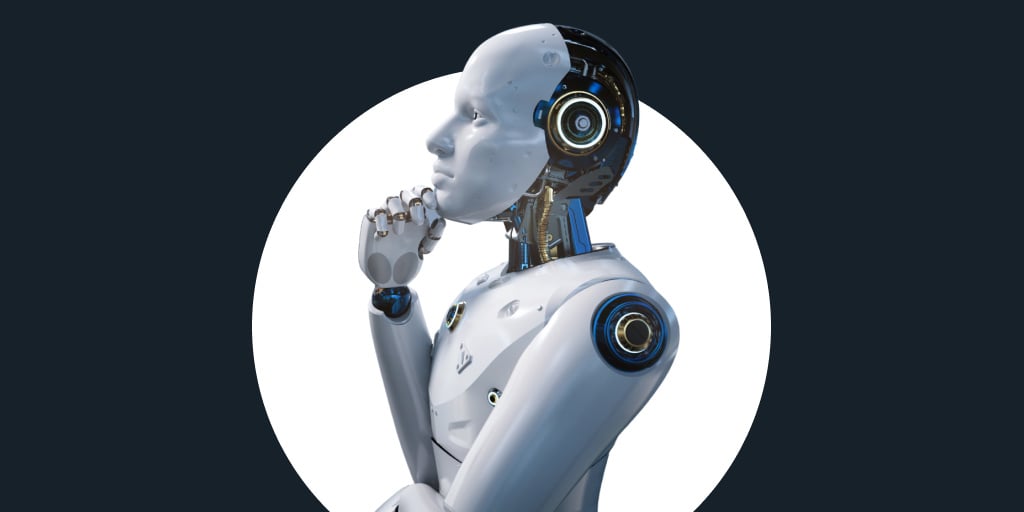 An AI robot looking thoughtfully and pondering with their hand under their chin