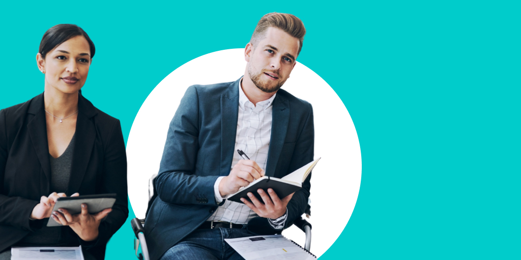 Two people sitting, with one writing notes into a notebooks as they listen