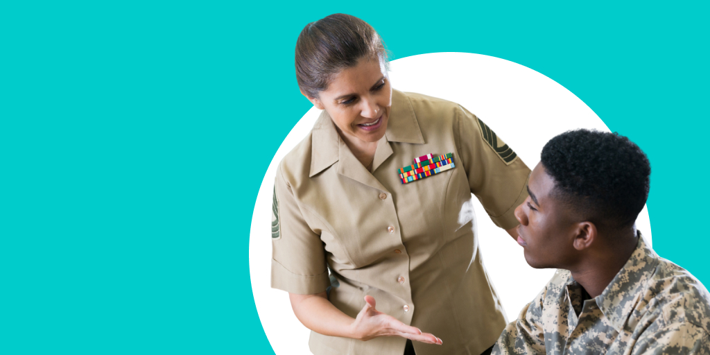 A soldier in uniform shaking hands with a recruiter or professional