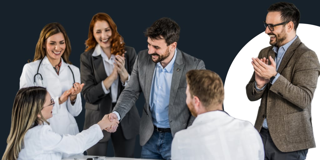 Group of people gathering for a meeting, shaking hands and talking