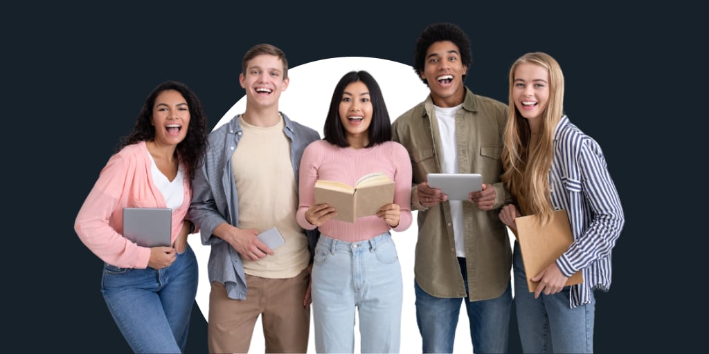 A group of young adults all standing, gathered with books reading
