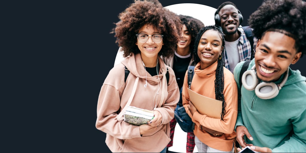 A group of students standing together wearing backpacks and carrying school supplies