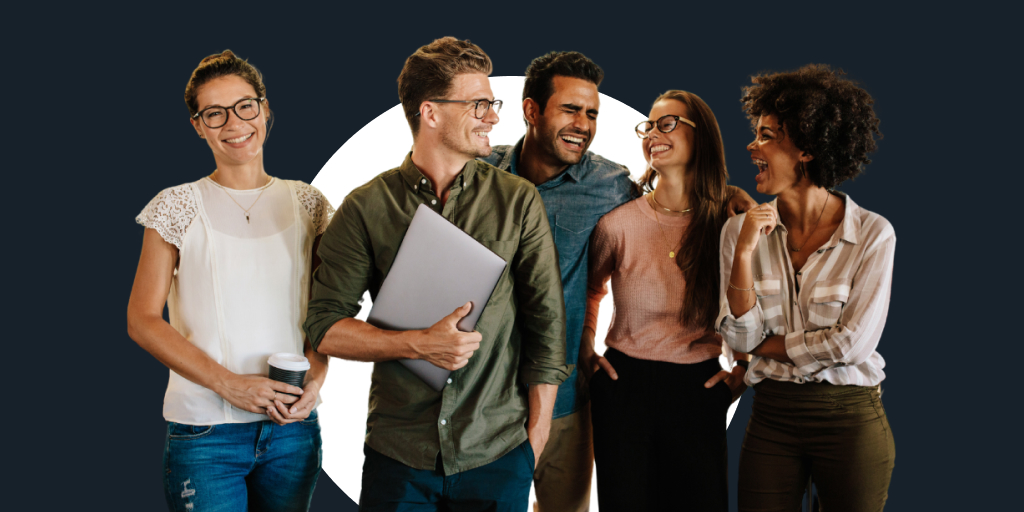A group of professionals all grouped up with office supplies and notebooks having a conversation with each other
