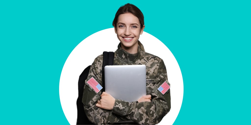 A soldier in fatigues with a notebook and backpack over their shoulder