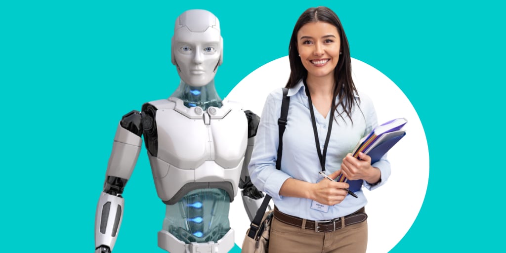 An AI robot standing next to a women holding books and notes