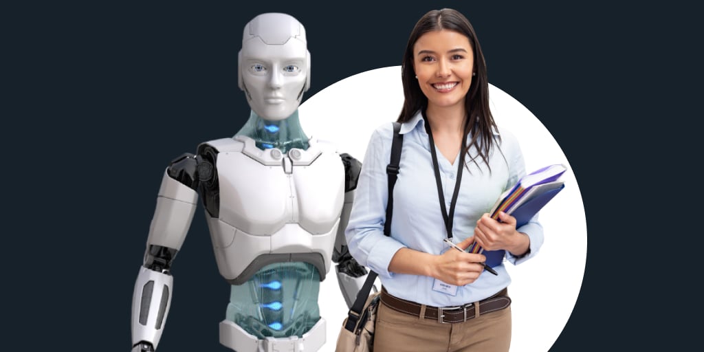 A woman holding books smiling next to an AI robot next to her